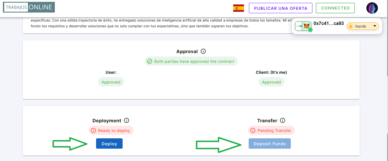 Deploy del contrato de Escrow y depositar fondos